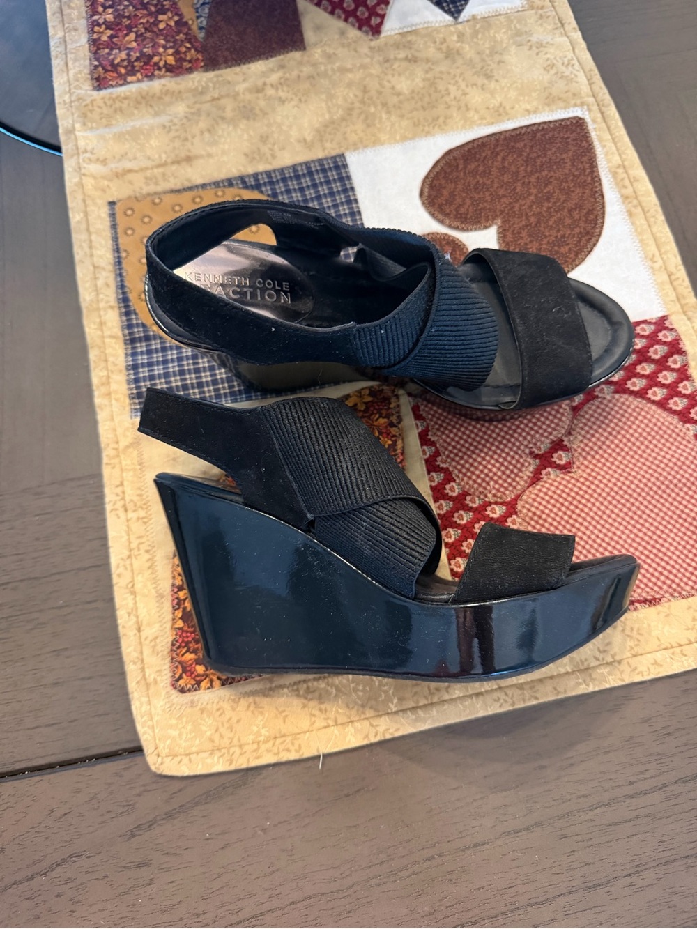 Kenneth Cole Black Elastic Cross-Strap Patent Wedges